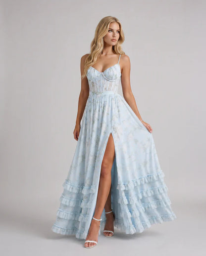 Mabel | Maxi Party Dress Powder Blue Floral Chiffon Corset for Women
