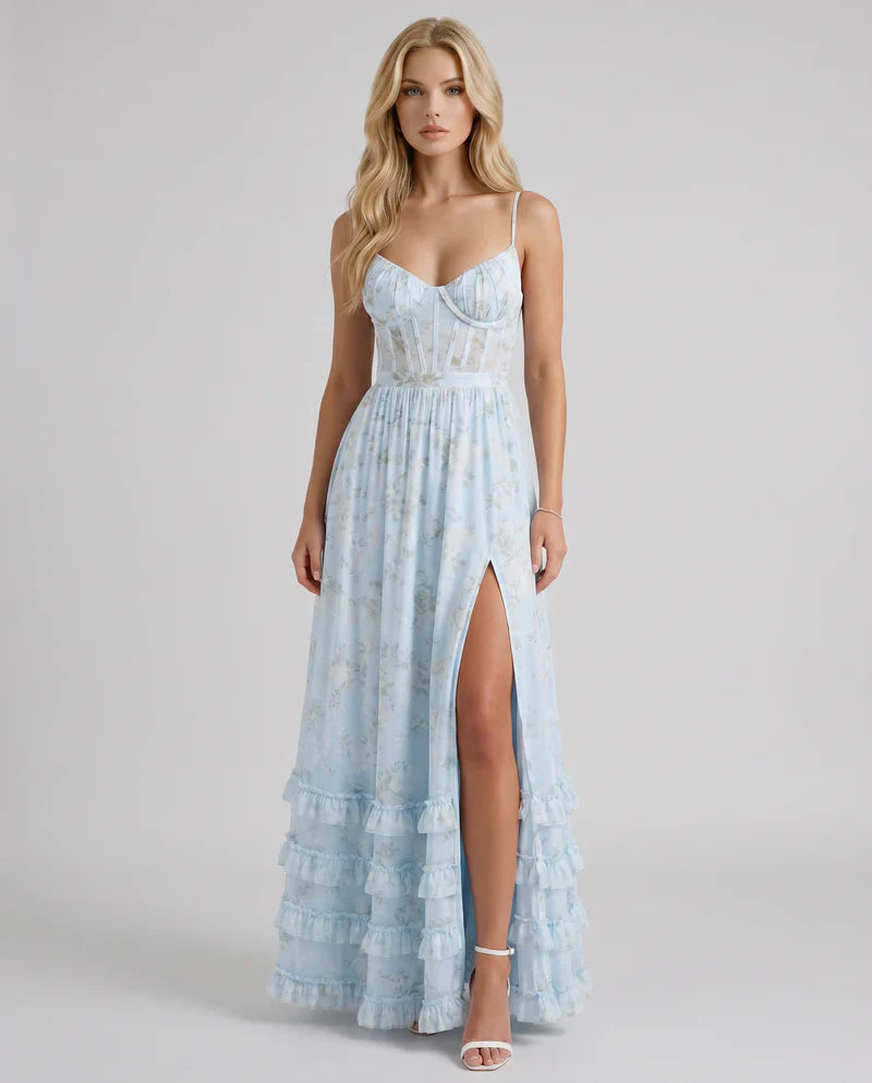 Mabel | Maxi Party Dress Powder Blue Floral Chiffon Corset for Women