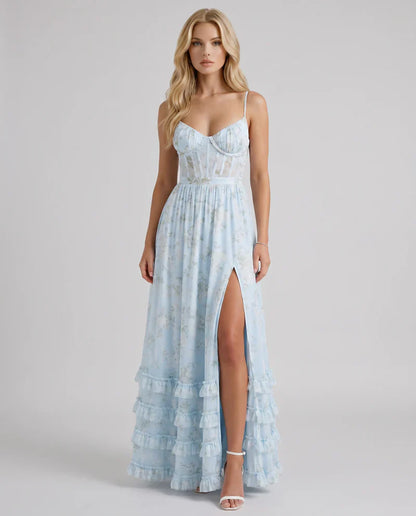 Mabel | Maxi Party Dress Powder Blue Floral Chiffon Corset for Women