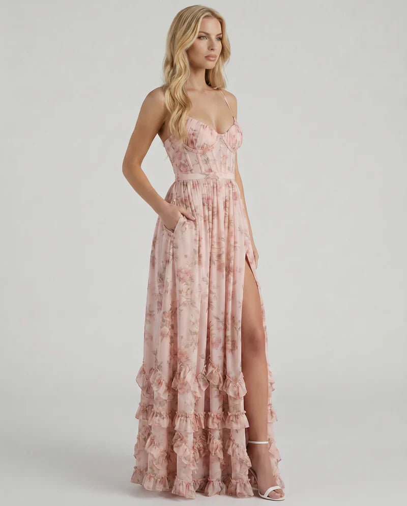 Mabel | Maxi Party Dress Powder Blue Floral Chiffon Corset for Women