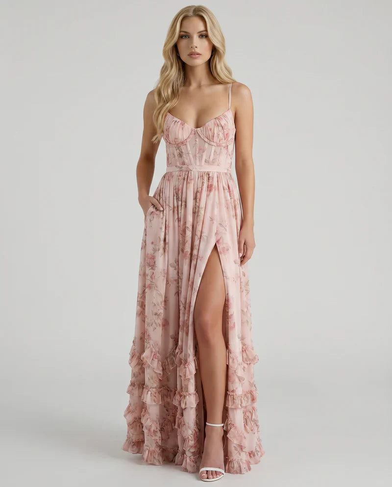 Mabel | Maxi Party Dress Powder Blue Floral Chiffon Corset for Women