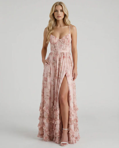 Mabel | Maxi Party Dress Powder Blue Floral Chiffon Corset for Women