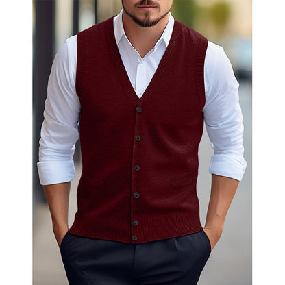 Alistair | Sweater Vest Burgundy Knit Buttoned V-Neck for Men