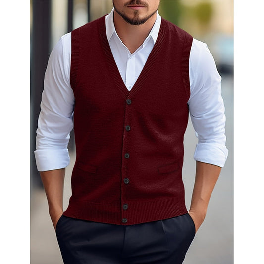 Alistair | Sweater Vest Burgundy Knit Buttoned V-Neck for Men