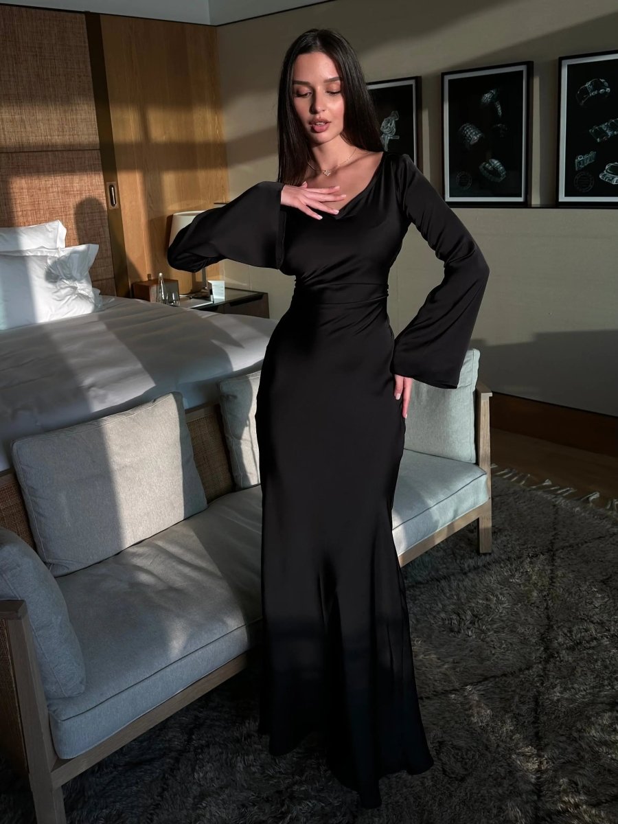 Lynnea | Maxi Dress Ivory Satin Long Sleeve Bias-Cut for Women