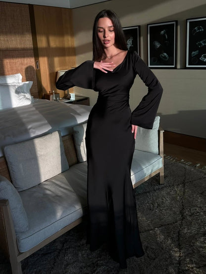 Lynnea | Maxi Dress Ivory Satin Long Sleeve Bias-Cut for Women
