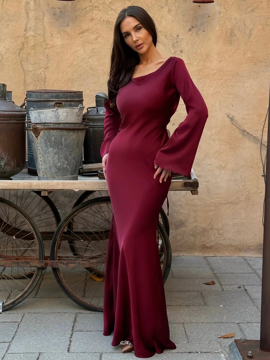 Lynnea | Maxi Dress Ivory Satin Long Sleeve Bias-Cut for Women