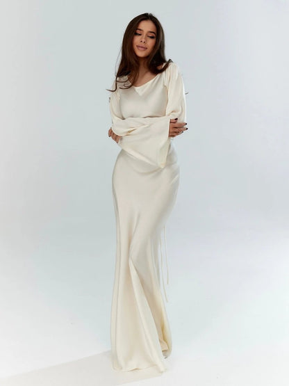 Lynnea | Maxi Dress Ivory Satin Long Sleeve Bias-Cut for Women