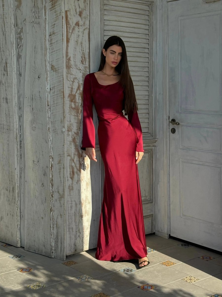 Lynnea | Maxi Dress Ivory Satin Long Sleeve Bias-Cut for Women