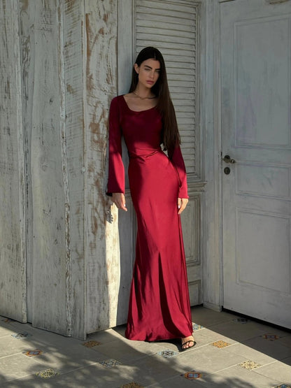 Lynnea | Maxi Dress Ivory Satin Long Sleeve Bias-Cut for Women
