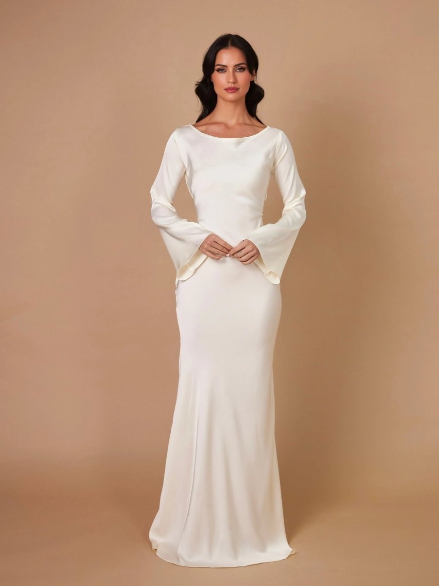 Lynnea | Maxi Dress Ivory Satin Long Sleeve Bias-Cut for Women