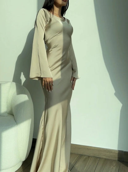 Lynnea | Maxi Dress Ivory Satin Long Sleeve Bias-Cut for Women