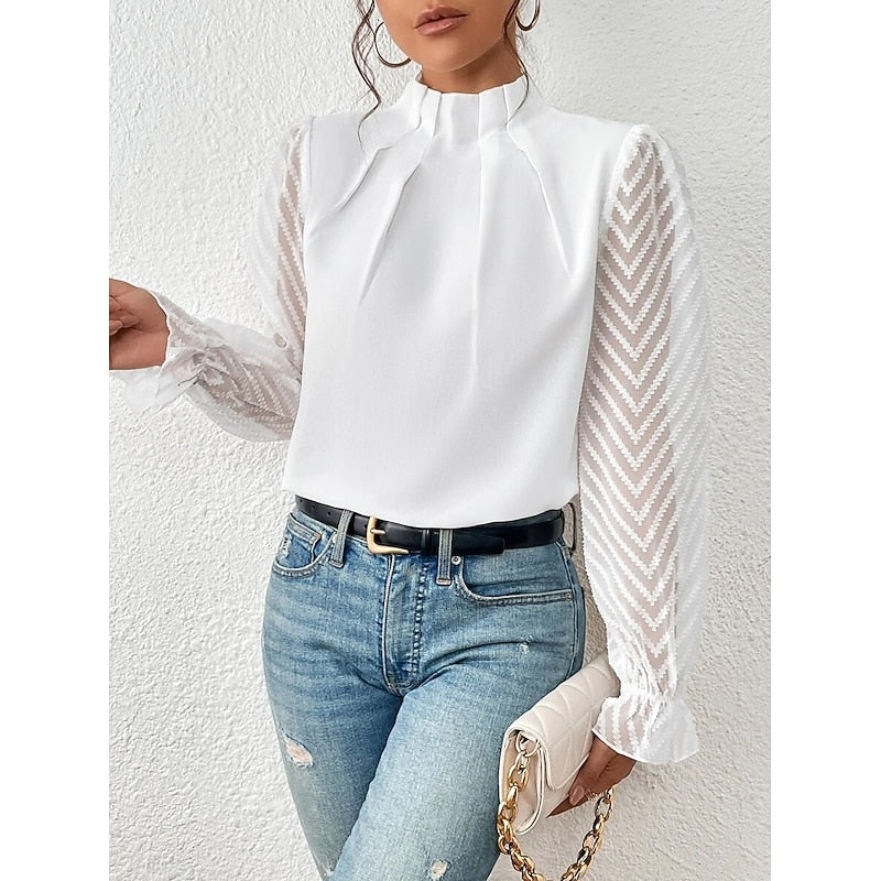 Una | Blouse Black Chiffon Lace-Sleeve High-Neck for Women