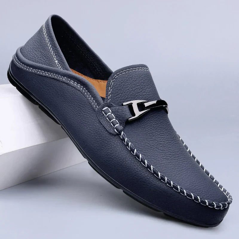 Arthur | Loafers Navy Leather Slip-On Metal Bar for Men