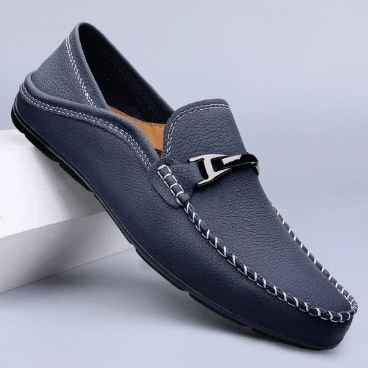 Arthur | Loafers Navy Leather Slip-On Metal Bar for Men