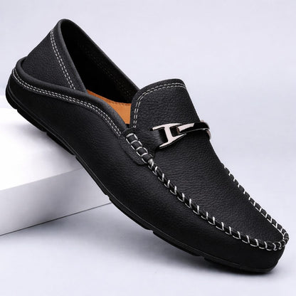 Arthur | Loafers Navy Leather Slip-On Metal Bar for Men