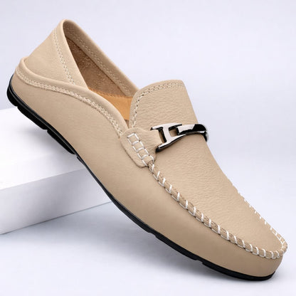 Arthur | Loafers Navy Leather Slip-On Metal Bar for Men