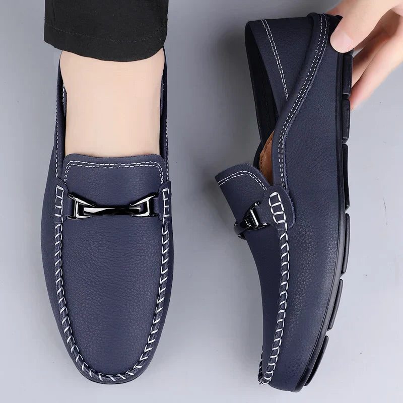 Arthur | Loafers Navy Leather Slip-On Metal Bar for Men
