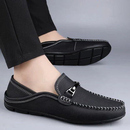 Arthur | Loafers Navy Leather Slip-On Metal Bar for Men