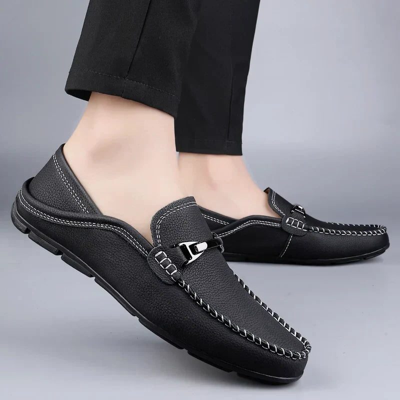 Arthur | Loafers Navy Leather Slip-On Metal Bar for Men