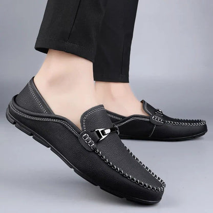 Arthur | Loafers Navy Leather Slip-On Metal Bar for Men