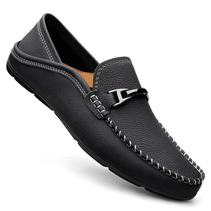 Arthur | Loafers Navy Leather Slip-On Metal Bar for Men