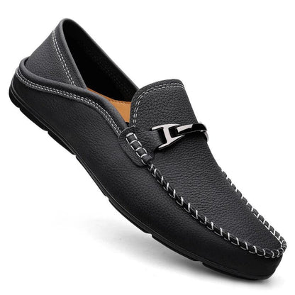 Arthur | Loafers Navy Leather Slip-On Metal Bar for Men