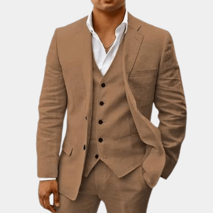 Fletcher | Men's Linen Three-Piece Suit Cream Notch Lapel Wedding Set