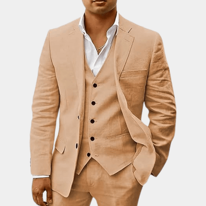 Fletcher | Men's Linen Three-Piece Suit Cream Notch Lapel Wedding Set