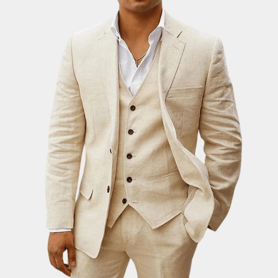 Fletcher | Men's Linen Three-Piece Suit Cream Notch Lapel Wedding Set