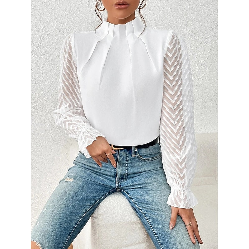 Una | Blouse Black Chiffon Lace-Sleeve High-Neck for Women
