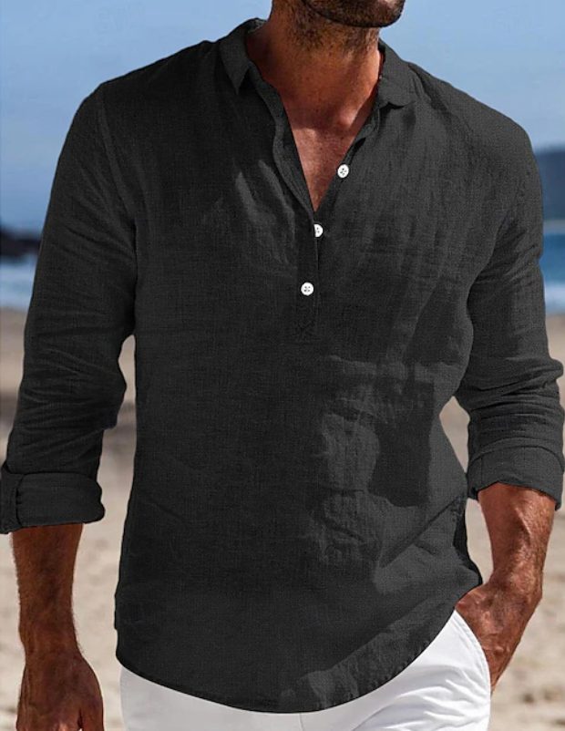 Angus | Linen Shirt Black Long Sleeve Button Placket for Men