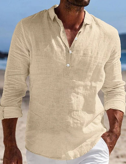 Angus | Linen Shirt Black Long Sleeve Button Placket for Men