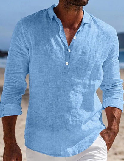 Angus | Linen Shirt Black Long Sleeve Button Placket for Men