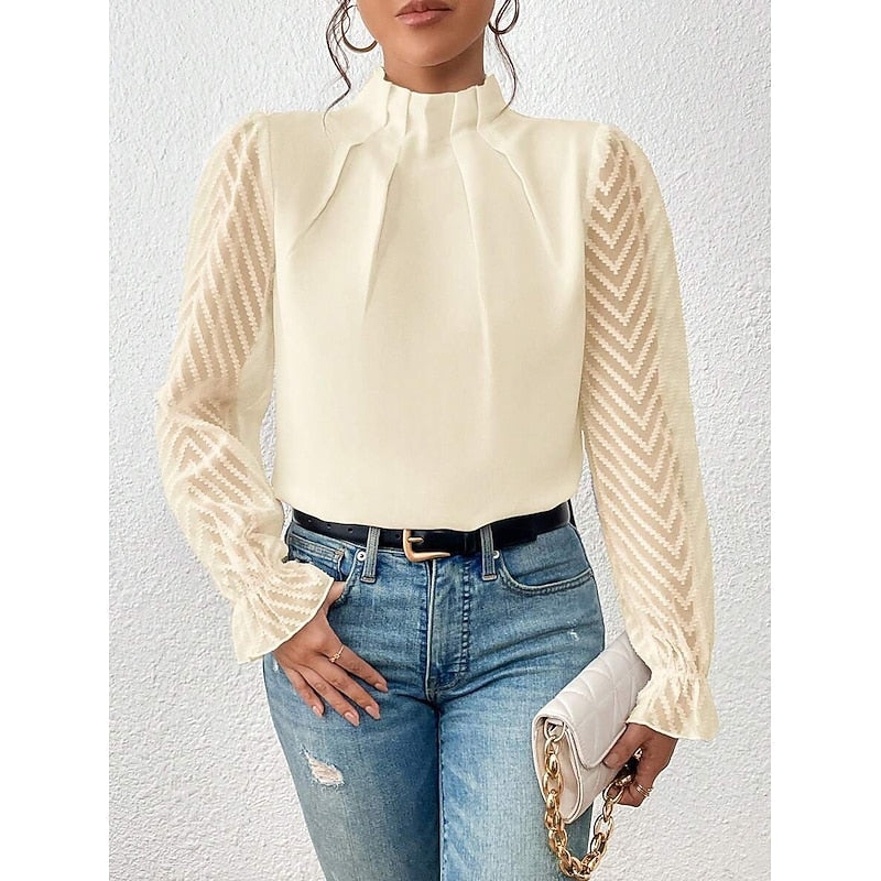 Una | Blouse Black Chiffon Lace-Sleeve High-Neck for Women