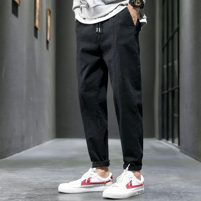 Malcolm | Tapered Joggers Black Cotton Drawstring for Men