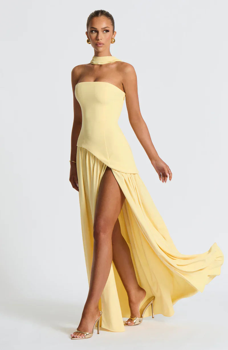 Cecily | Maxi Dress Lemon Strapless Halter Neck Gathered Skirt for Women