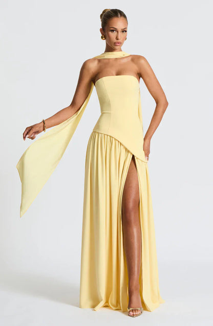 Cecily | Maxi Dress Lemon Strapless Halter Neck Gathered Skirt for Women