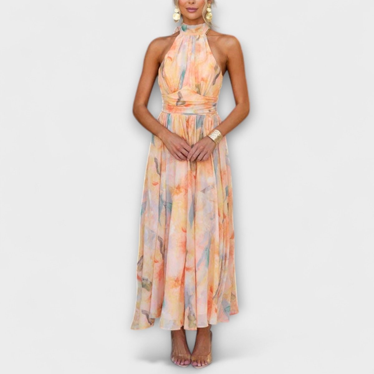 Lucie | Maxi Dress Peach Floral Chiffon Halter Neck for Women