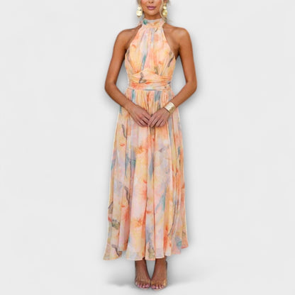 Lucie | Maxi Dress Peach Floral Chiffon Halter Neck for Women