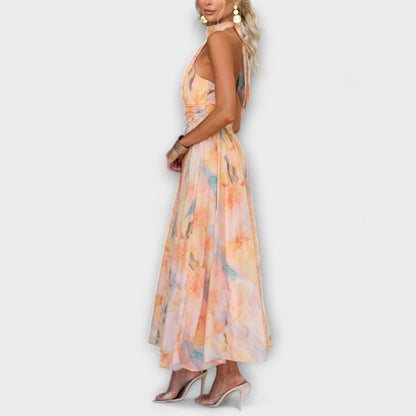 Lucie | Maxi Dress Peach Floral Chiffon Halter Neck for Women