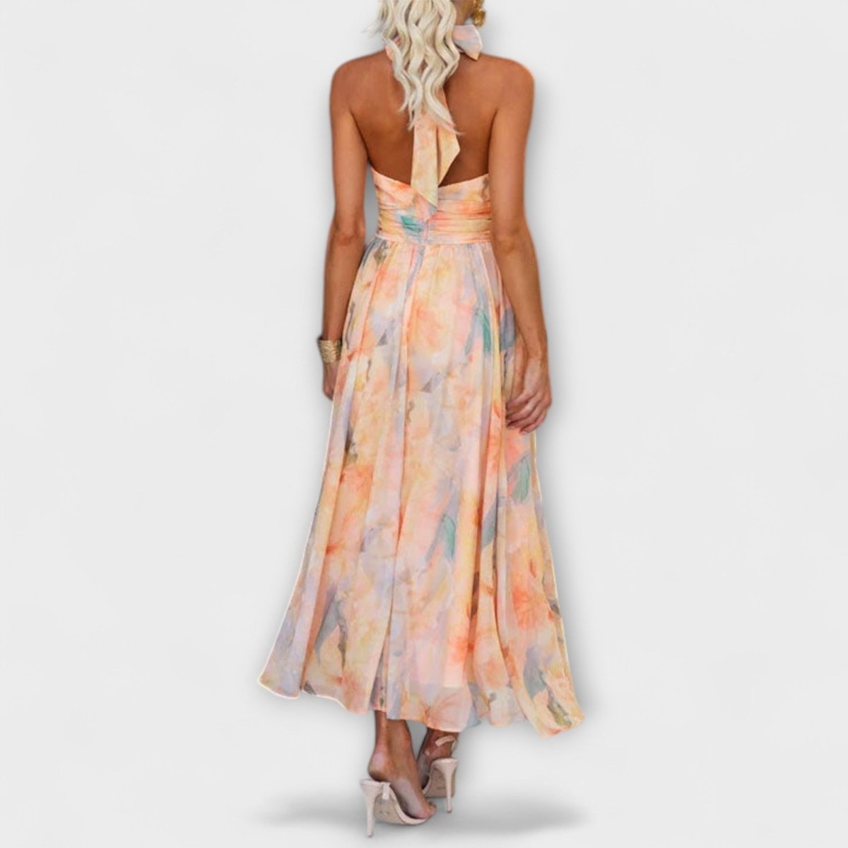 Lucie | Maxi Dress Peach Floral Chiffon Halter Neck for Women