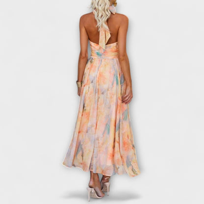 Lucie | Maxi Dress Peach Floral Chiffon Halter Neck for Women
