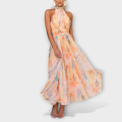 Lucie | Maxi Dress Peach Floral Chiffon Halter Neck for Women