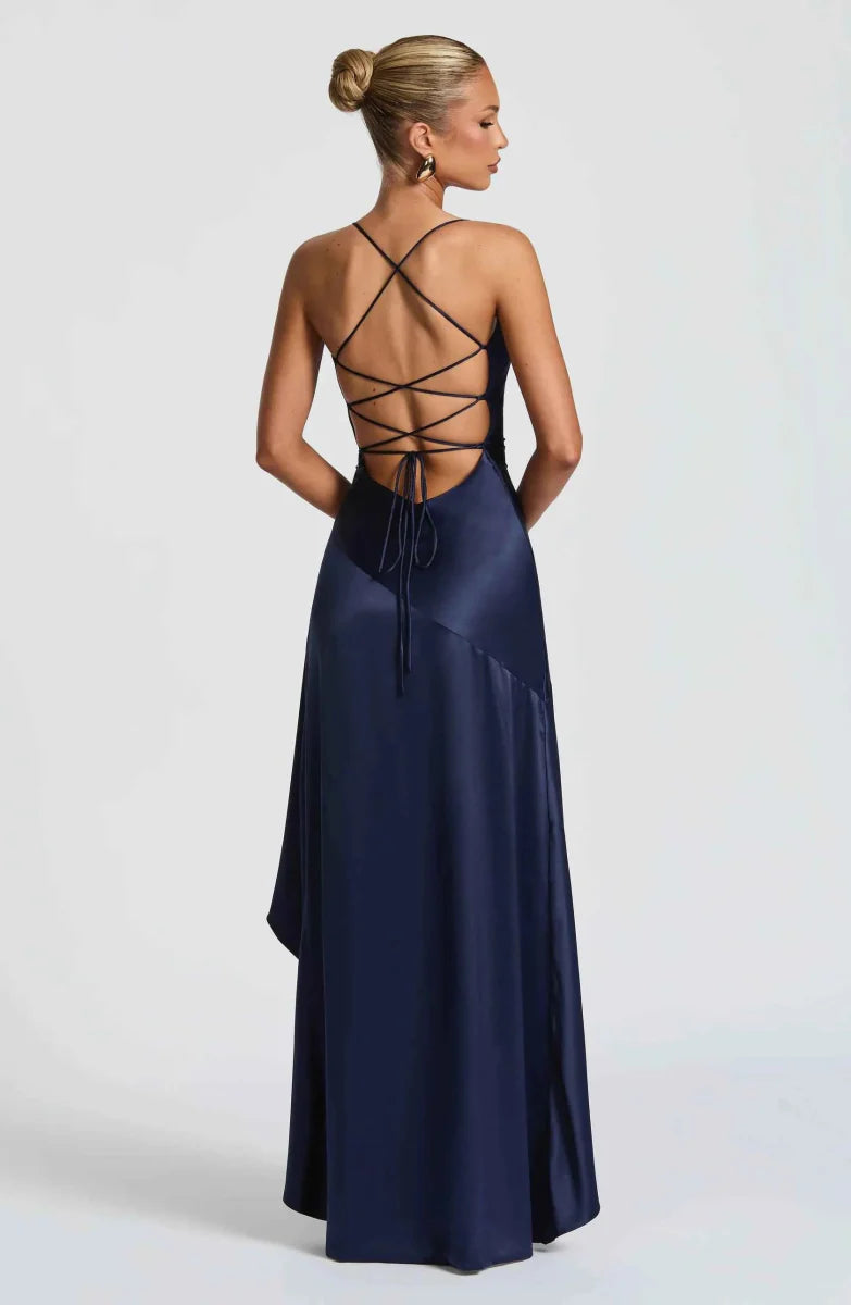 Rowena | Maxi Party Dress Navy Blue Satin Ruffle High-Slit for Women