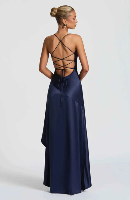 Rowena | Maxi Party Dress Navy Blue Satin Ruffle High-Slit for Women