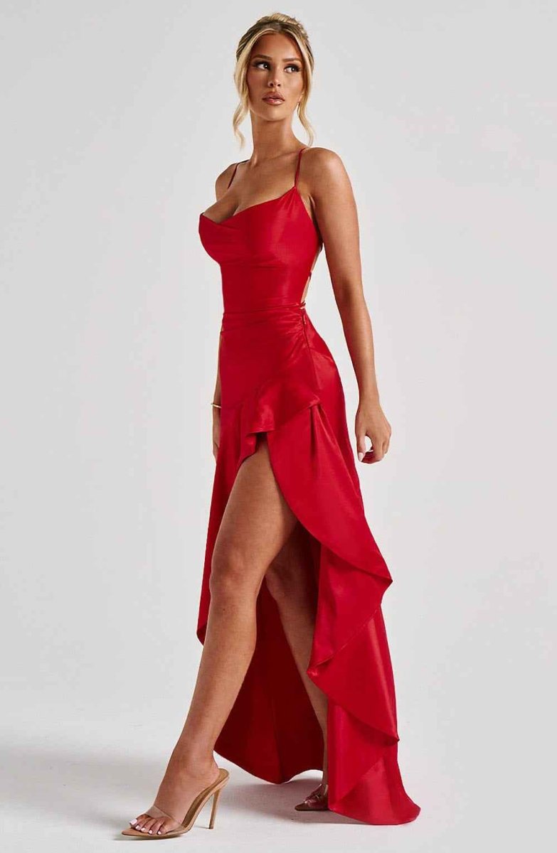 Rowena | Maxi Party Dress Navy Blue Satin Ruffle High-Slit for Women
