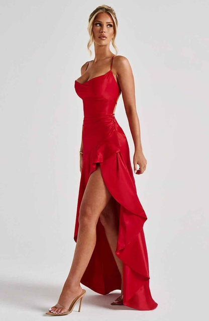 Rowena | Maxi Party Dress Navy Blue Satin Ruffle High-Slit for Women