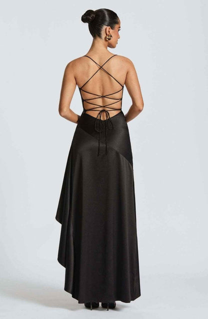 Rowena | Maxi Party Dress Navy Blue Satin Ruffle High-Slit for Women