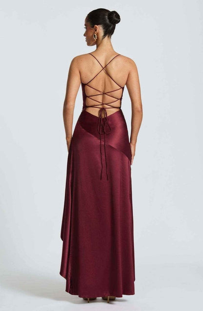 Rowena | Maxi Party Dress Navy Blue Satin Ruffle High-Slit for Women